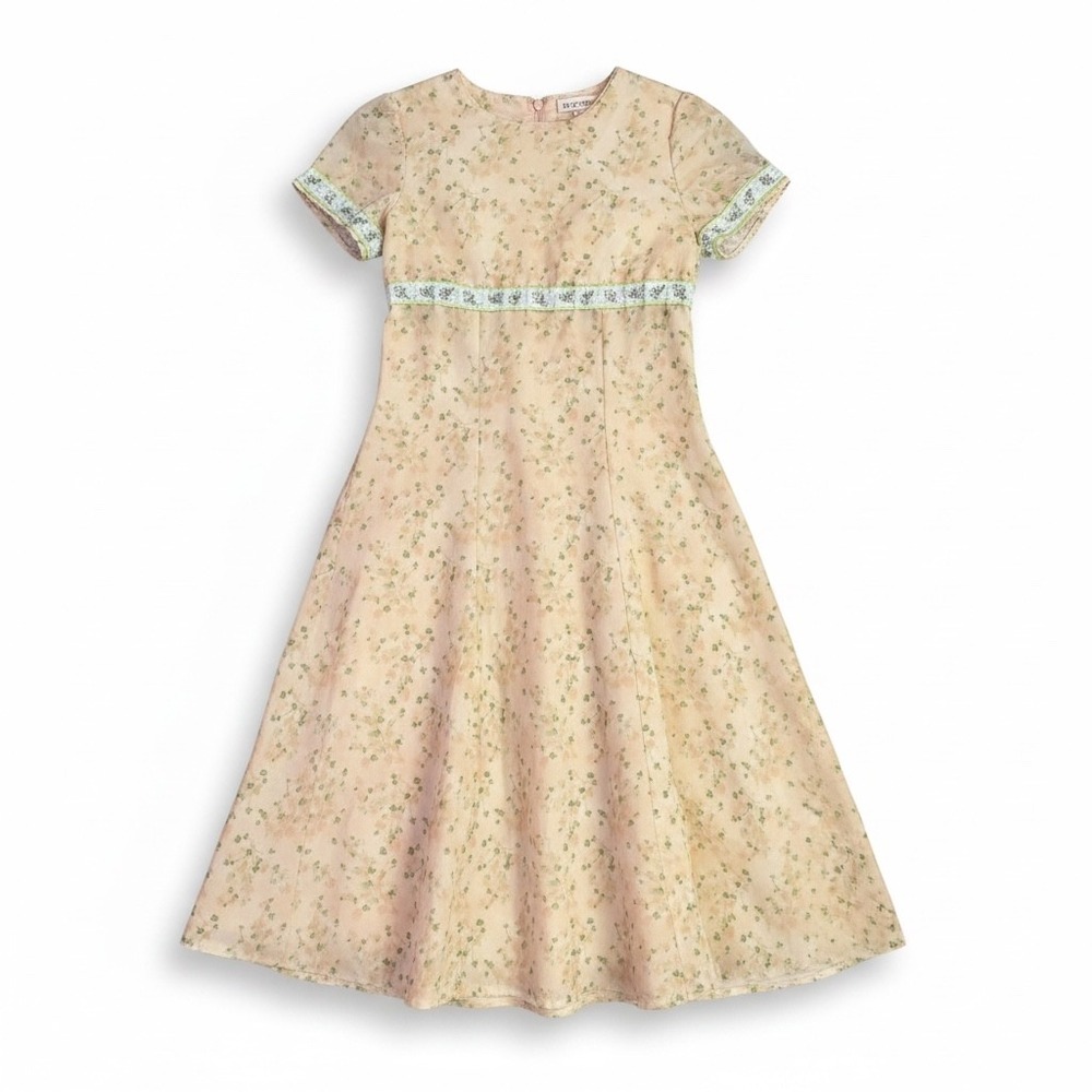 Handmade Vintage Kids Floral Maxi Dress‎ Peach Green Bee Trim Empire Waist 8/10